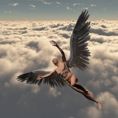 Sürrealizm. Angel'ın kanatlı çıplak adam bulutlu havada uçar. 3D render.