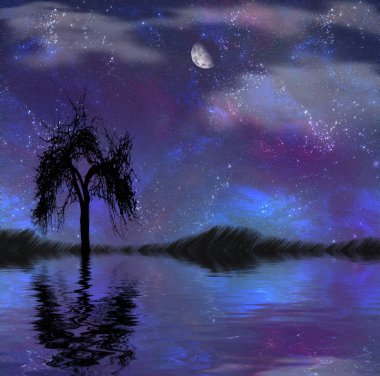 Gerçeküstü kompozisyon. Ağaç ile sakin gece göl. Gökyüzünde ay