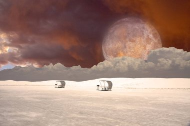 Surreal desert planet with arbors. Giant moon in red sky clipart
