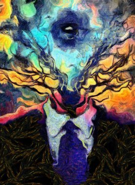 Surreal painting. Man's figure in a suit with tree branches and all-seeing eye instead of head. clipart