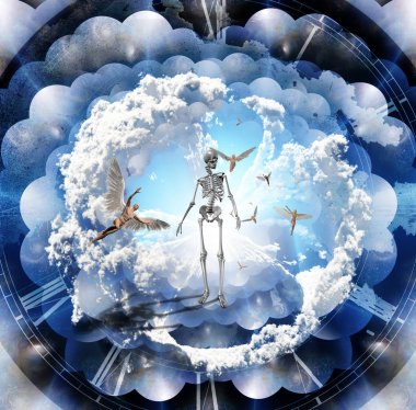 Surrealism. Human skeleton. Naked men with wings represents angels. Multi layered spaces. clipart