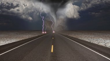Kasırga huni çöl yol manzara içinde. 3D render