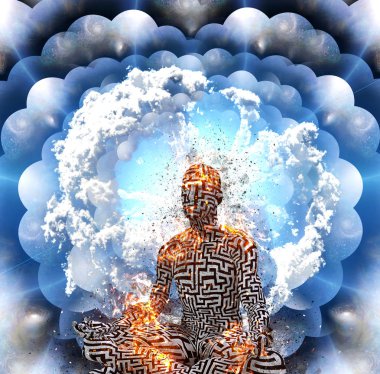 Surrealism. Burning figure of man with maze pattern in lotus pose. Multi layered spaces. clipart