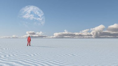 Red Clothed Figure Stands in Empty Desolate Desert clipart