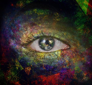 Surrealism. Woman's eye with galaxies. clipart