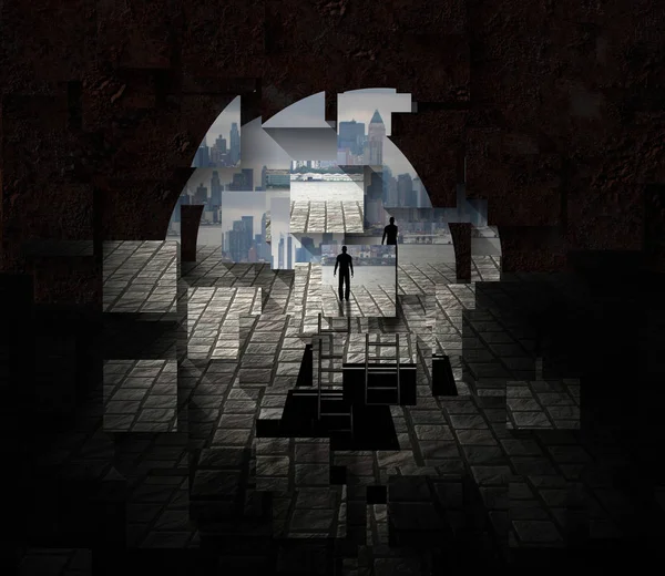Город Виден Открытия Туннеля Одинокий Человек Рендеринг — стоковое фото