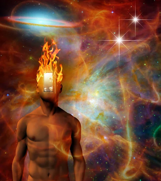 超现实的构图 在宇宙空间燃烧的心灵 — 图库照片