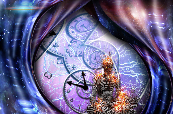 Surrealism. Figure of man in lotus pose in flames. Spirals of time and warped space.
