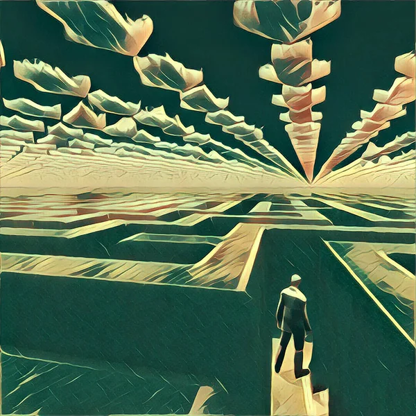 Surreale Malerei Der Mensch Labyrinth Wolken Form Von Zeigern — Stockfoto