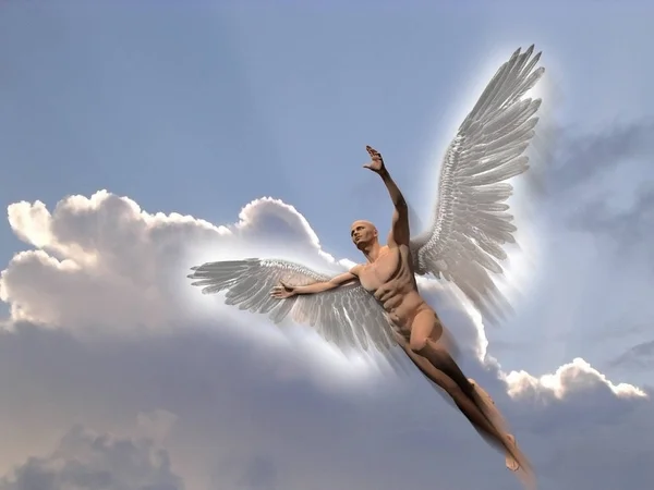 Σουρεαλισμός Γυμνός Άνδρας Άσπρα Φτερά Πετά Στον Θολό Ουρανό — Φωτογραφία Αρχείου
