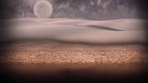 Surreal Digital Art Desert Shore Storm Lightning Full Moon Horizon — Stock Photo, Image