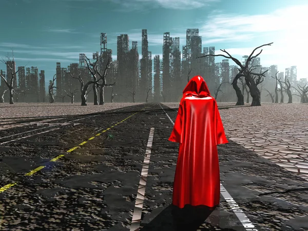 红色斗篷上的身影矗立在毁灭之城的道路上 — 图库照片