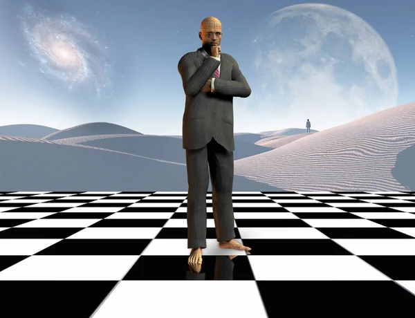 Surrealismus Přemýšlející Obchodník Stojí Šachovnici Osamělý Muž Dálce Bílá Písečná — Stock fotografie