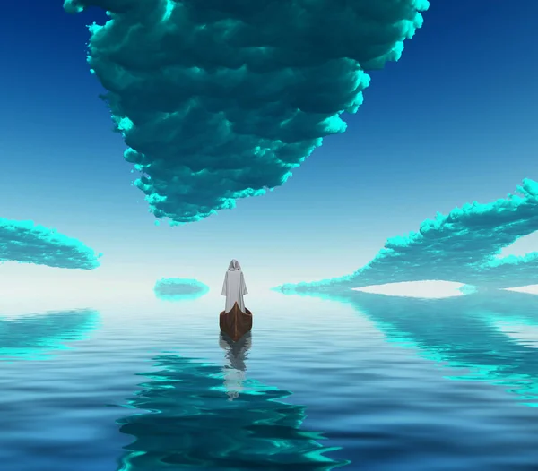 Ábra Fehér Köpenyt Egy Csónakban Mély Kék Felhők Tükröződnek Víz — Stock Fotó