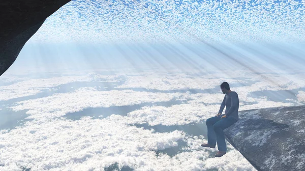 Man Sits Edge Cliff — Stock Photo, Image