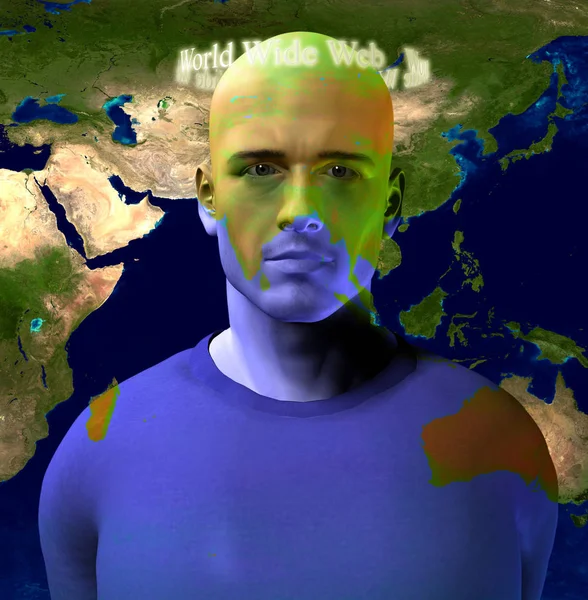 World Wide Web Encircles Mans Head World Map — Stock Photo, Image