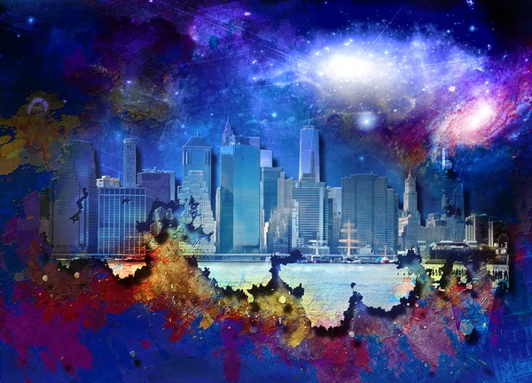 Composição Colorida Abstrata Cidade Nova Iorque Galáxias Brilhantes Céu Renderização — Fotografia de Stock