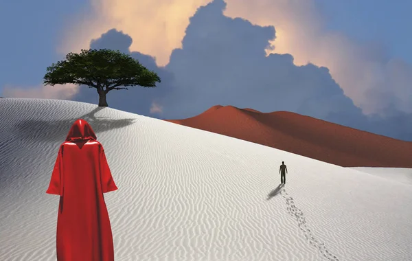 Фигура Плаще Стоит Пустыне Человек Вдалеке Зеленое Дерево Облачное Небо — стоковое фото