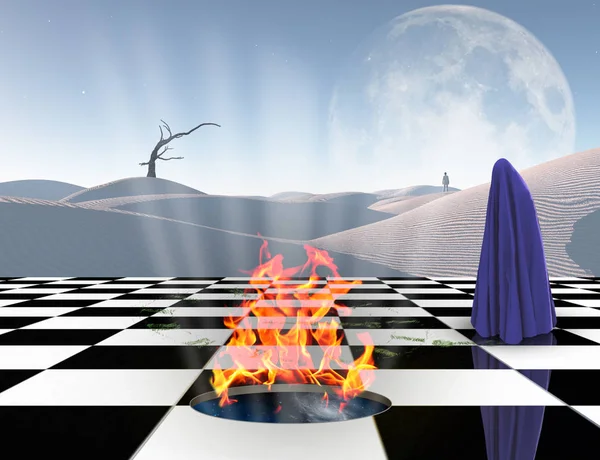 Surrealism Chessboard Burning Portal Another Dimension Lonely Man Distance Figure — Stock Photo, Image