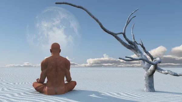 Человек Медитирует Белых Песках — стоковое фото