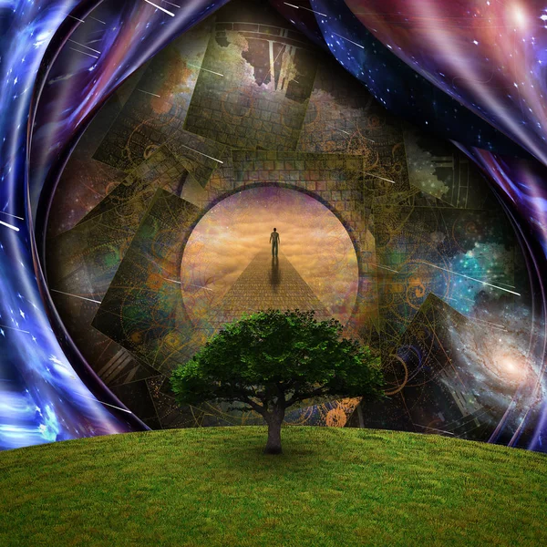 Surrealism Green Tree Man Stone Road Rendering — Stock Photo, Image