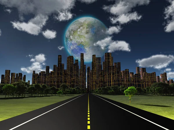 到未来城市的夜路 在天空中的地形月亮 3D渲染 — 图库照片