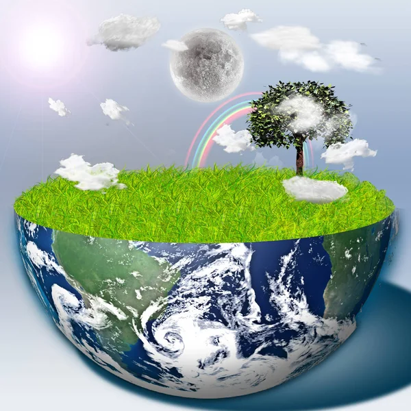 Halva Jorden Med Grönt Gräs Och Landskap — Stockfoto
