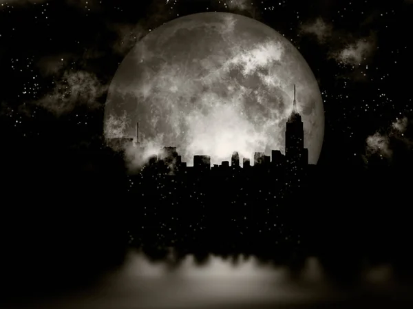 Representación Luna Llena Sobre Ciudad Noche — Foto de Stock