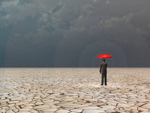 Сюрреалистичное Искусство Человек Красным Зонтиком Суше Штормом — стоковое фото