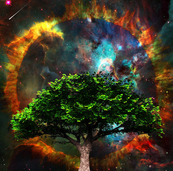 Surreal spiritual composition. Green tree and vivid colorful universe at the background. 3D rendering