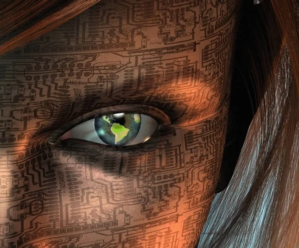 Dünya Teknoloji Göz Droid Kadın Yüzü Render — Stok fotoğraf