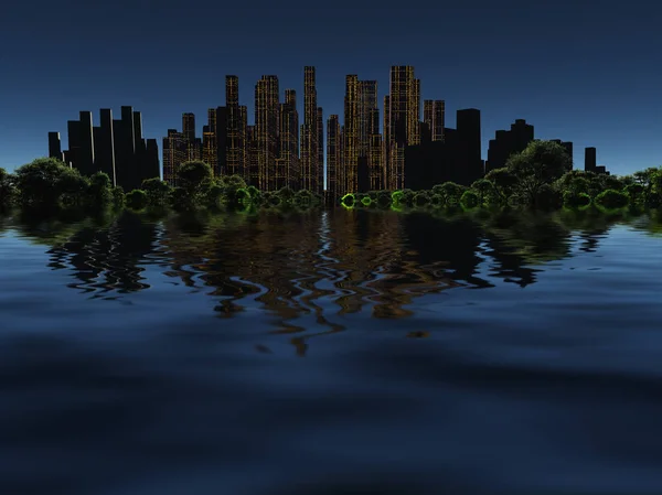 超现实主义 未来的城市在绿林中被水环绕 — 图库照片