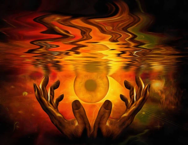 Surrealism. Hands of a prayer and God\'s eye is under water.