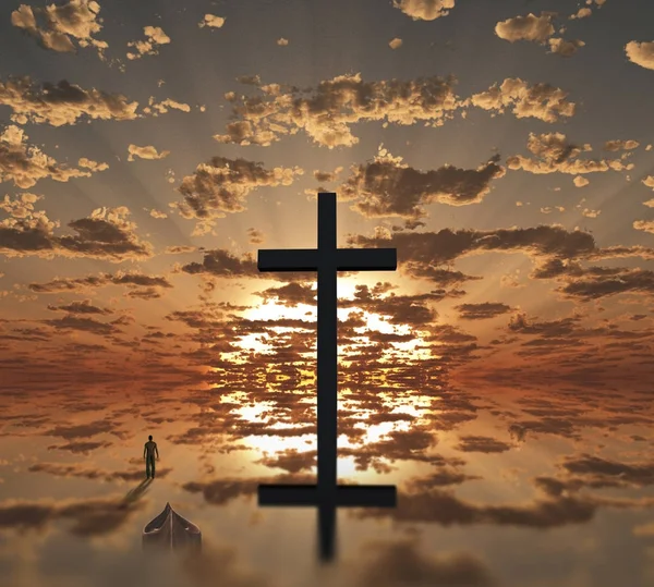 Mann Mit Boot Der Nähe Eines Riesigen Kreuzes Mit Sonnenaufgang — Stockfoto