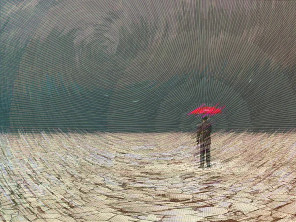 Surrealistische Digitale Kunst Man Met Rode Paraplu Droog Land Onder — Stockfoto