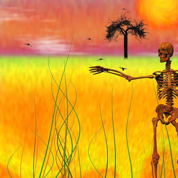 Surrealistische Compositie Verroeste Skelet Bladloos Boom — Stockfoto