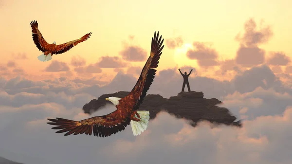 Man Meets Sunrise Eagle Flies — Stock Photo, Image
