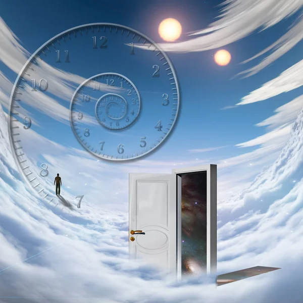 Surrealism Spiral Tid Ensam Man Ett Avstånd Öppnade Dörren Till — Stockfoto