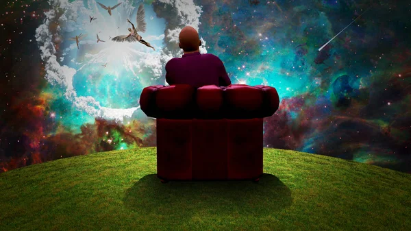 シュールな構成 男は赤い肘掛け椅子に座っているし 鮮やかな空の天使たちを観察します レンダリング — ストック写真