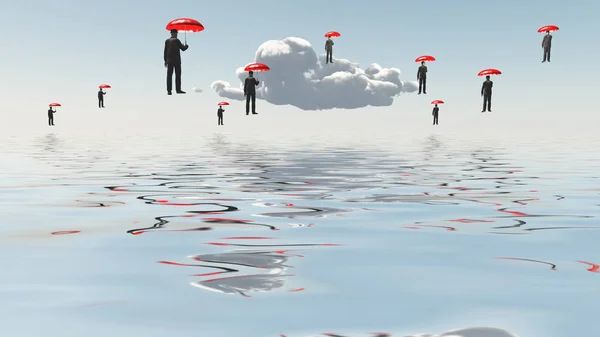Kompozycja Surrealistyczne Pływające Mężczyzn Parasolami Nad Wodą — Zdjęcie stockowe