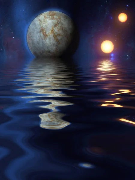 Planety Exosolar Wznoszą Się Nad Spokojnymi Wodami — Zdjęcie stockowe