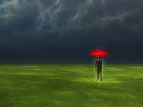 Mannen Med Röda Paraply Samla Storm — Stockfoto
