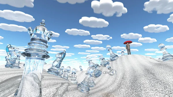 Surreal Desert Chess Figures Man Red Umbrella Nearly Identical Clouds — Stock Photo, Image