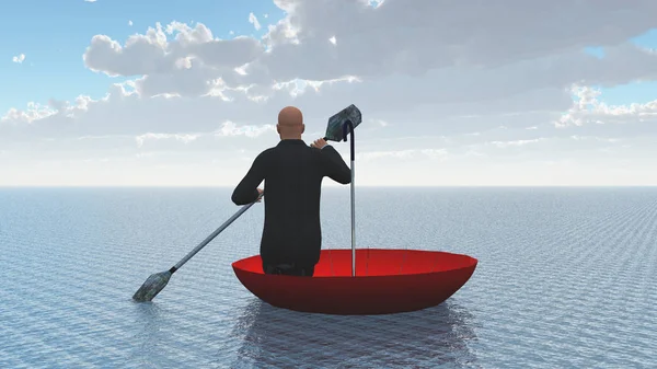 Surreal Painting Man Floats Red Umbrella — Stock Photo, Image