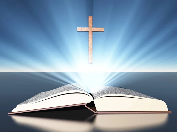 Світло Випромінює Від Біблії Під Хрестом — стокове фото
