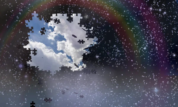 Puzzle Pieces Fall Night Sky Revealing Day Rainbow — Stock Photo, Image