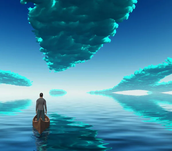 Bir Tekne Içinde Adam Figürü Derin Mavi Bulutlar Suda Yansıtılır — Stok fotoğraf