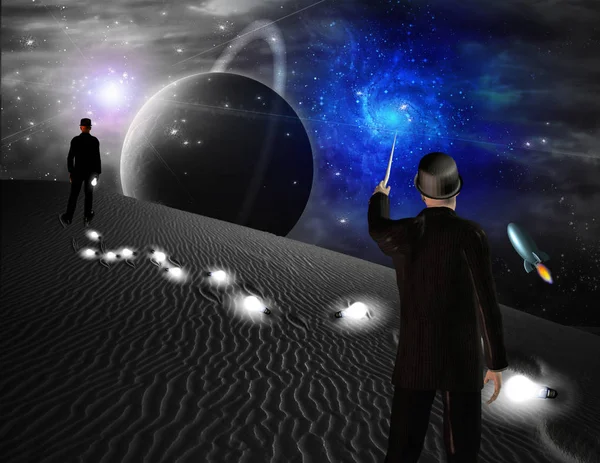 Homme Pointe Vers Galaxie Dans Scène Science Fiction — Photo