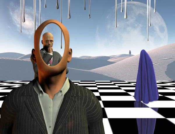 超现实主义 相形见绌的商人与身后另一个善于思考的商人站在棋盘上 孤独的男人在一个距离 白色沙丘 身披紫色衣服 3D渲染 — 图库照片