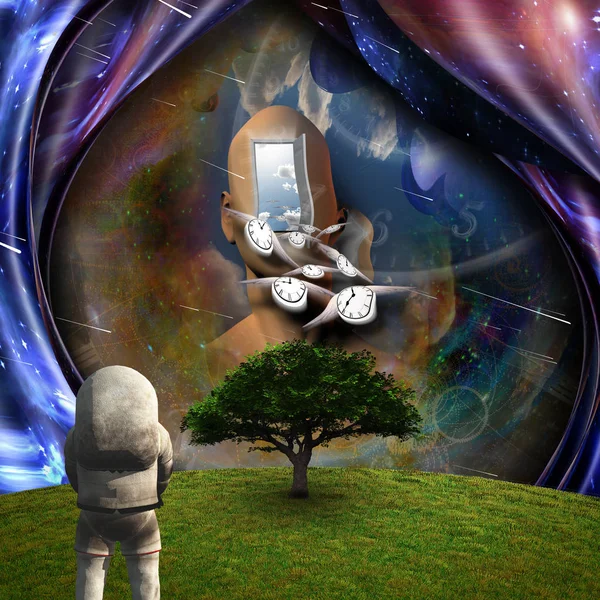 Surrealisme Stroom Van Tijd Door Ruimte Astronaut Het Groene Veld — Stockfoto